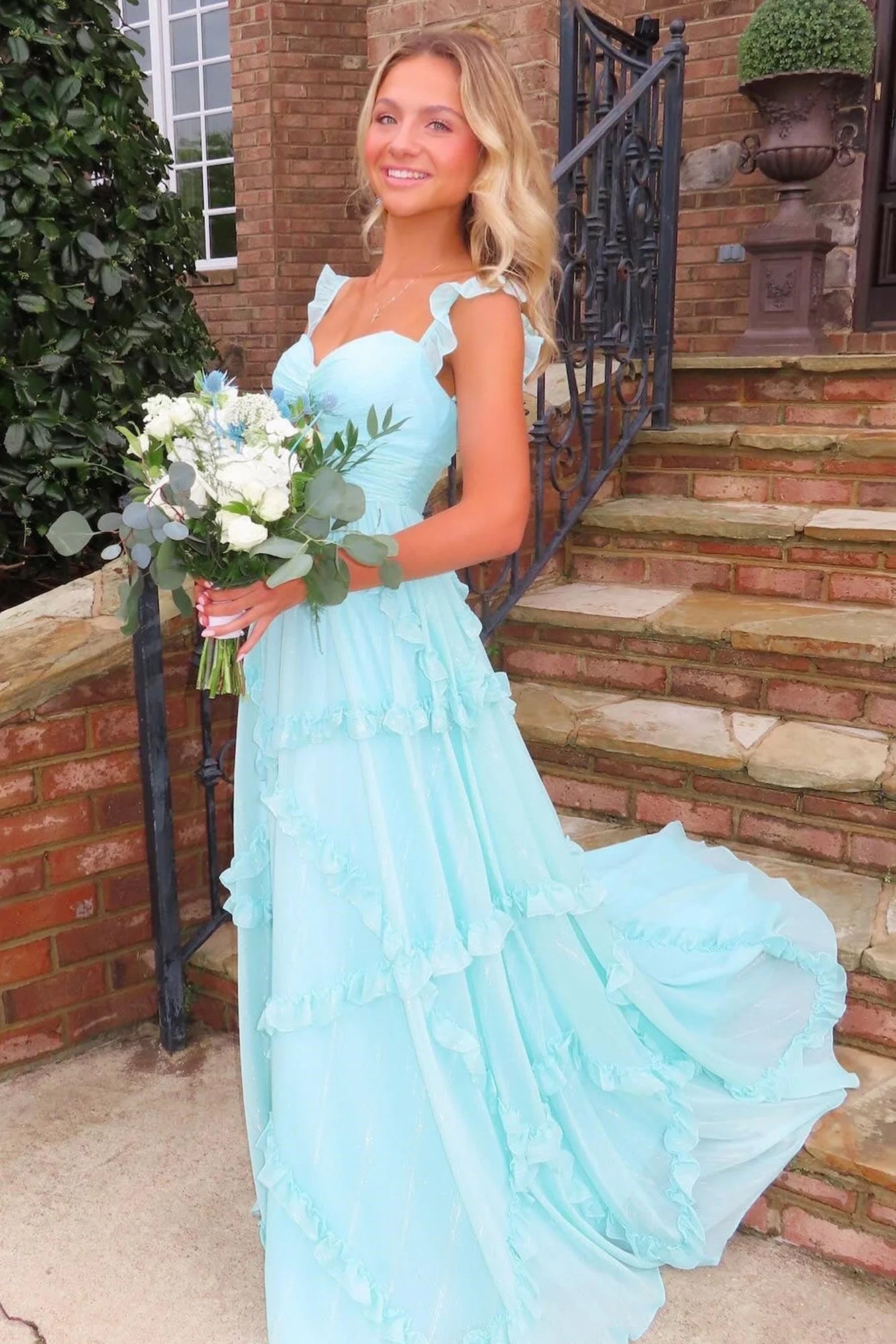 🩵Enchanted Blue Sweetheart A-Line Prom Dress & Wedding Dress💍- Elegant Chiffon Ruffled Birthday Party Dress ED01912