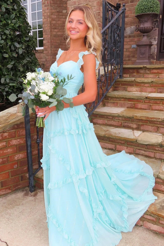 🩵Enchanted Blue Sweetheart A-Line Prom Dress & Wedding Dress💍- Elegant Chiffon Ruffled Birthday Party Dress ED01912
