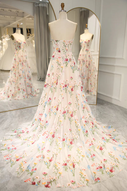Sweet 16 💐 Strapless A-line Floral Prom Dress &Wedding Dress- 💫 Gorgeous Embroidery Applique & Tulle Evening for Birthday, Graduation ED01914