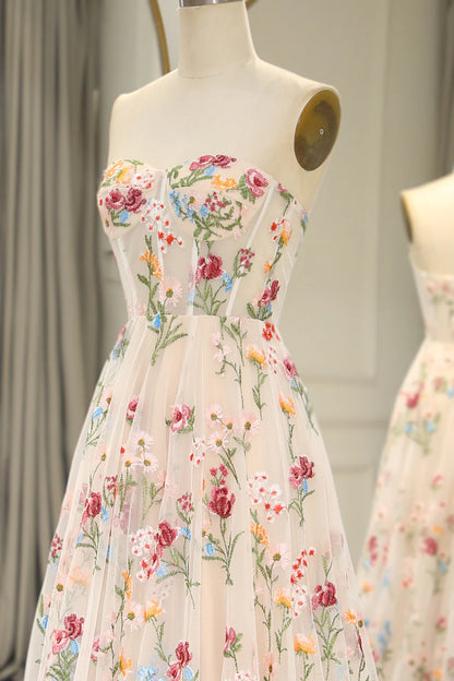 Sweet 16 💐 Strapless A-line Floral Prom Dress &Wedding Dress- 💫 Gorgeous Embroidery Applique & Tulle Evening for Birthday, Graduation ED01914