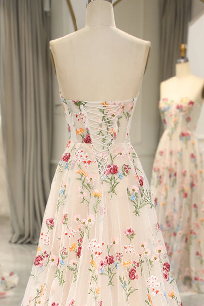 Sweet 16 💐 Strapless A-line Floral Prom Dress &Wedding Dress- 💫 Gorgeous Embroidery Applique & Tulle Evening for Birthday, Graduation ED01914