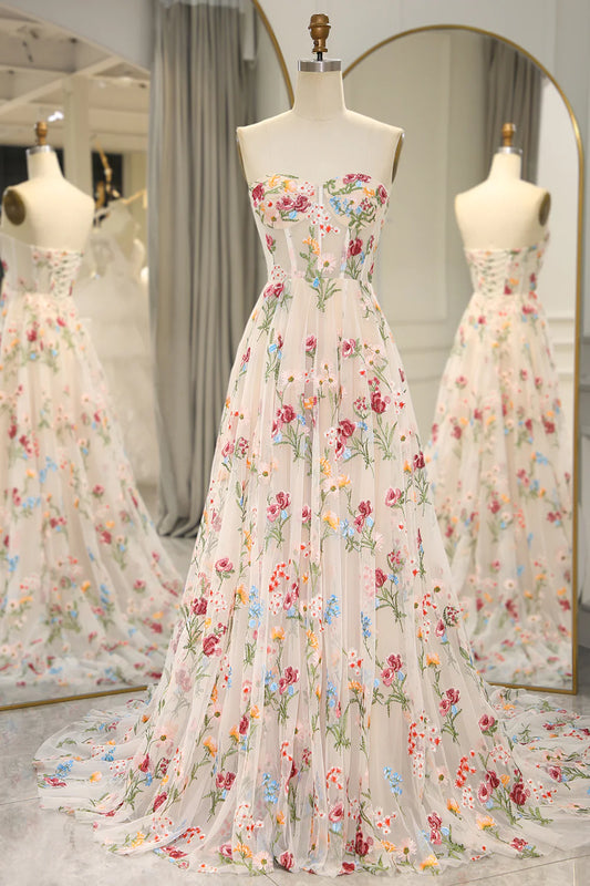 Sweet 16 💐 Strapless A-line Floral Prom Dress &Wedding Dress- 💫 Gorgeous Embroidery Applique & Tulle Evening for Birthday, Graduation ED01914