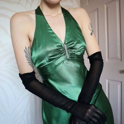 **🍃Vintage Forest Green Backless Ball Gown - Glam Sparkling Beads & Satin for Prom,🍻 Galas& Parties** 
