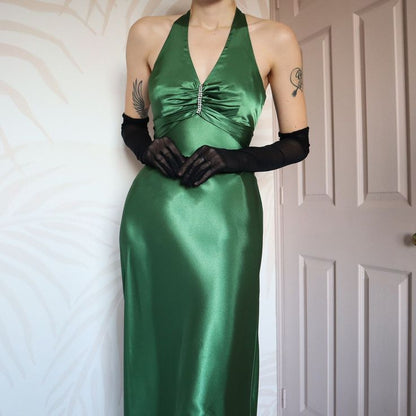 **🍃Vintage Forest Green Backless Ball Gown - Glam Sparkling Beads & Satin for Prom,🍻 Galas& Parties** 