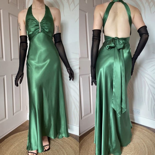 **🍃Vintage Forest Green Backless Ball Gown - Glam Sparkling Beads & Satin for Prom,🍻 Galas& Parties** 