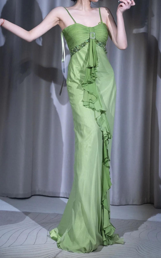 🌟 Grünes Abendkleid im Meerjungfrauenstil im Vintage-Stil – Sanft fließendes Chiffon-Ballkleid mit Rüschen und Perlen für Geburtstage, Partys** ED01916