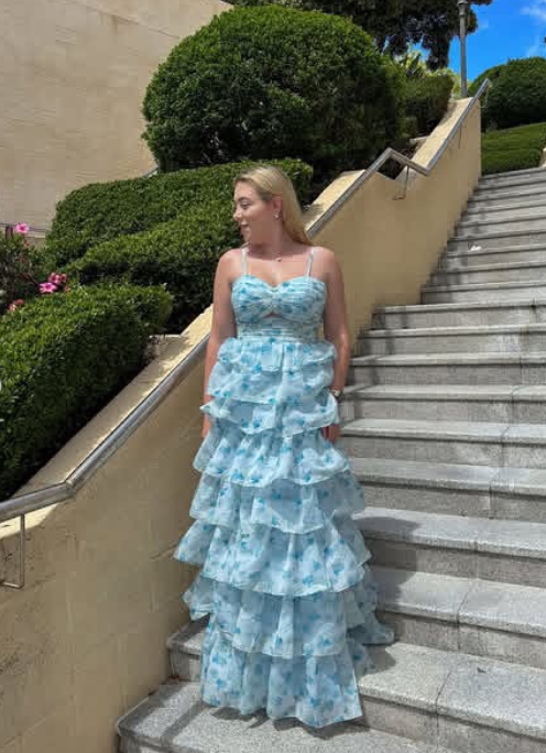 🌙 Enchanted Blue A-Line Evening Gown – Sweet Floral Layered Prom Dress for Special Occasion  ED01918