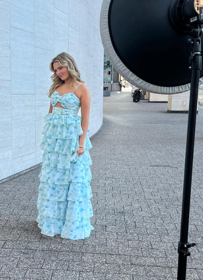 🌙 Enchanted Blue A-Line Evening Gown – Sweet Floral Layered Prom Dress for Special Occasion  ED01918