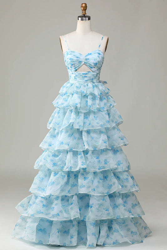 🌙 Enchanted Blue Evening Gown – Sweet Floral Layed Prom Dress for Special Ocassion