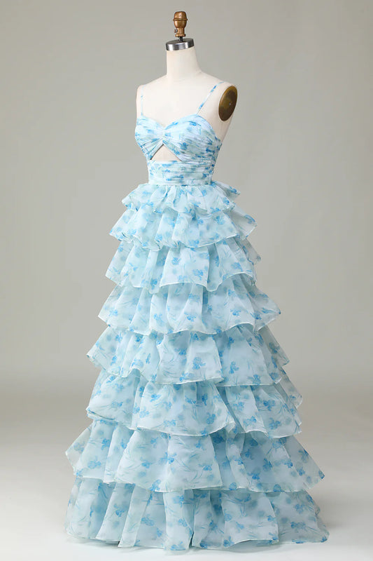 🌙 Enchanted Blue Evening Gown – Sweet Floral Layed Prom Dress for Special Ocassion