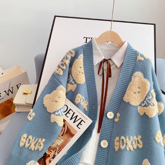 V-neck bear cardigan sweater loose knitted cardigan ED0191