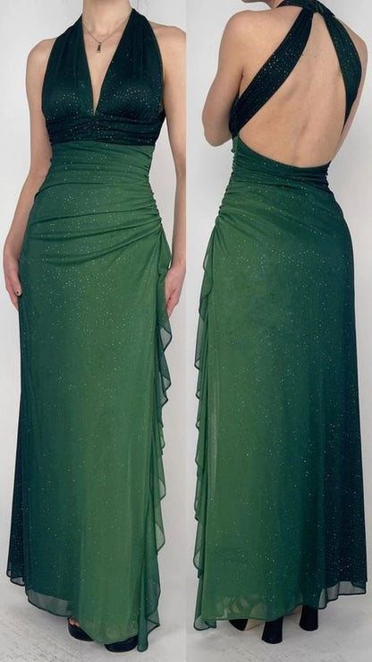 Robe de soirée élégante en mousseline de soie à paillettes, col en V, style rétro, dos nu, ED01921