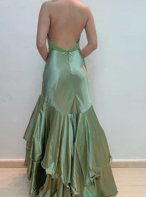Gorgeous Green V-Neck Beaded Satin Mermaid Backless Evening Gown  ED01922