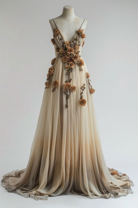 Gradient Champagne V-neck Chiffon A-Line Prom Dress Three-dimensional Rose Simple Wedding Dress  ED01923