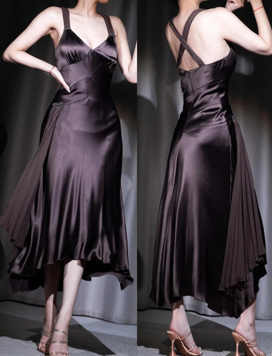 Robe de bal trapèze en satin à col en V et au style rétro chocolat, élégante robe de soirée ED01924