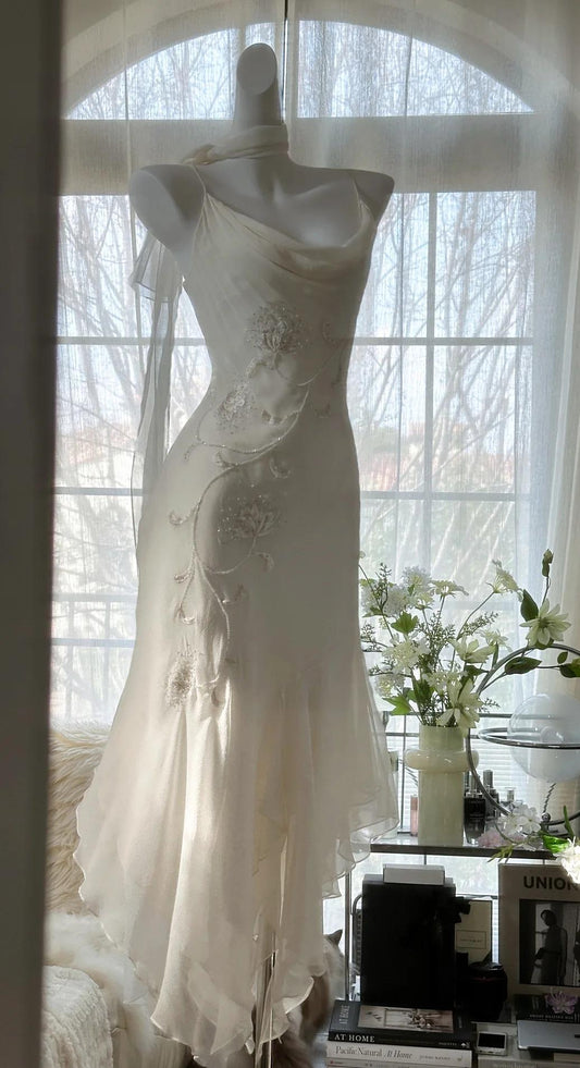 90s Fairy Style White Chiffon & Tulle Prom Dress-Vintage Beading & Embroidery Ball Gown for Formal Events