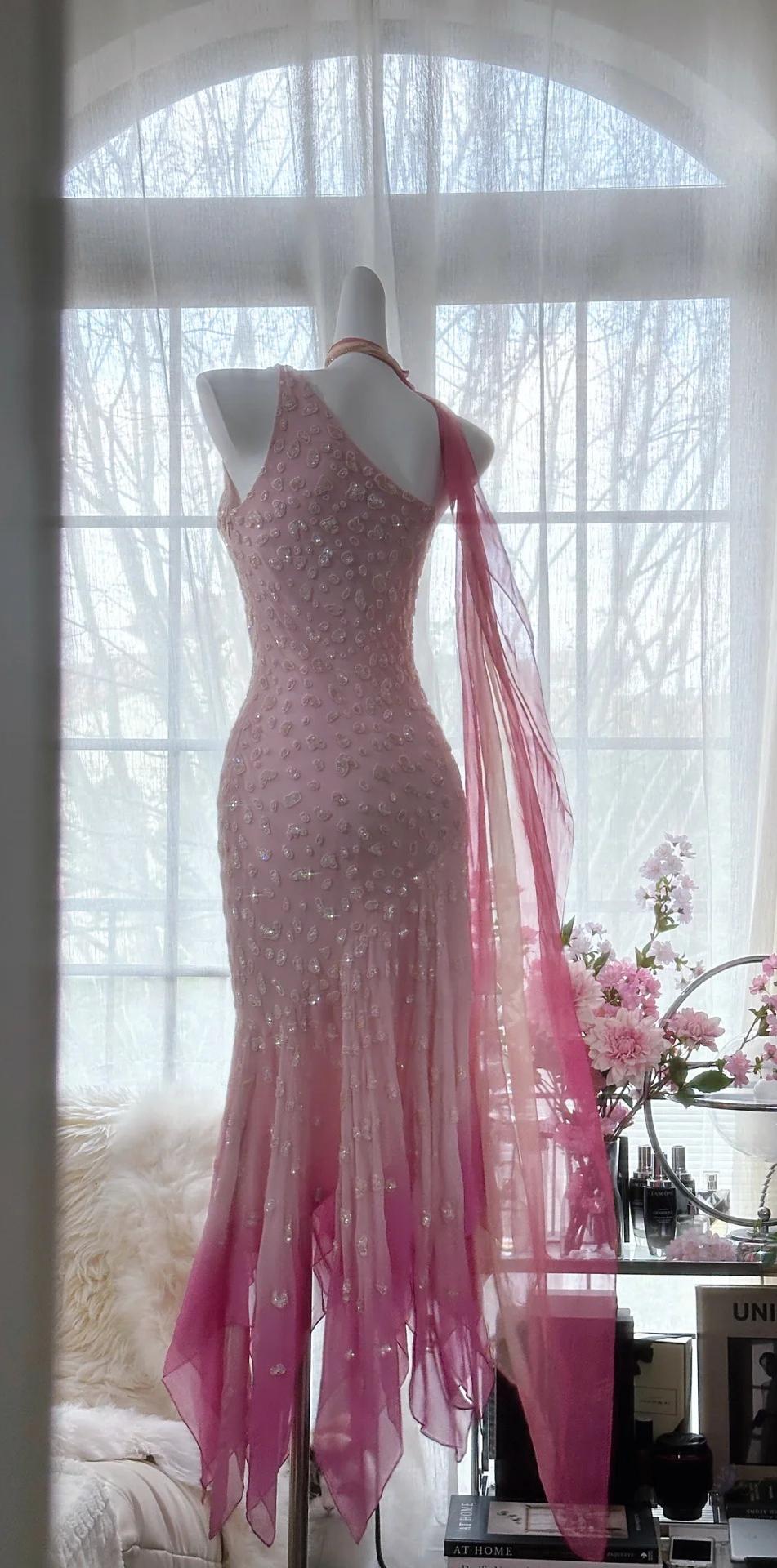 Robe de soirée trapèze rose Cendrillon - Tulle perlé irisé avec couches de mousseline douce pour Sweet 16 ED01933