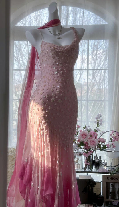 🌟 Cinderella Pink A-Line Evening Gown - Iridescent Beaded Tulle with Soft Chiffon Layers for Sweet 16 ED01933