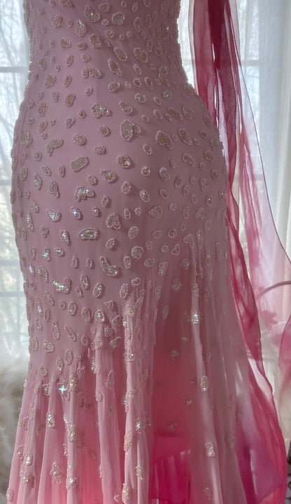 🌟 Cinderella Pink A-Line Evening Gown - Iridescent Beaded Tulle with Soft Chiffon Layers for Sweet 16 ED01933