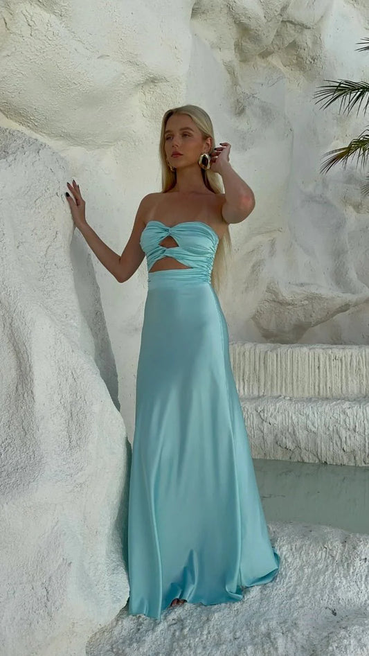 Robe de bal fourreau bustier bleu Tiffany, robe de soirée en satin ED01934