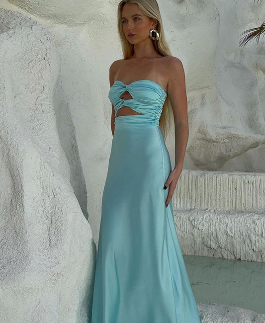 Robe de bal fourreau bustier bleu Tiffany, robe de soirée en satin ED01934