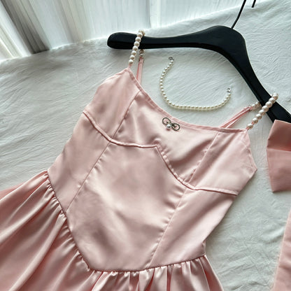 Robe de soirée courte en satin rose style conte de fées, coupe trapèze, idéale pour un anniversaire ou un retour à la maison, ED01937