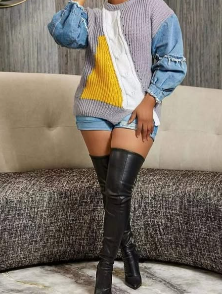 Denim patchwork long-sleeved women's sweater ED0194