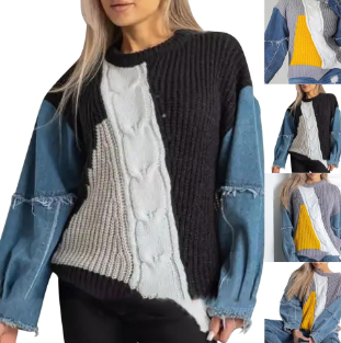 Denim patchwork long-sleeved women's sweater ED0194