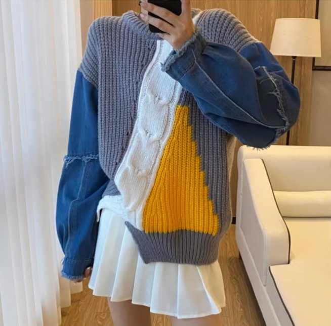 Denim patchwork long-sleeved women's sweater ED0194