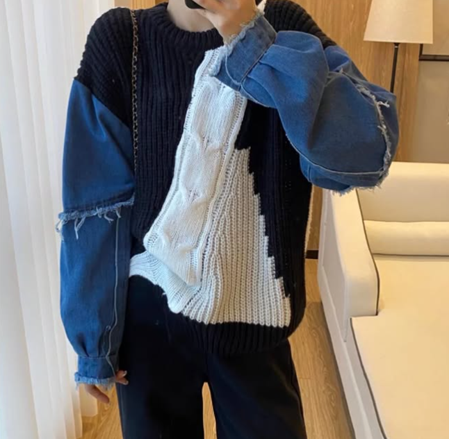 Denim patchwork long-sleeved women's sweater ED0194