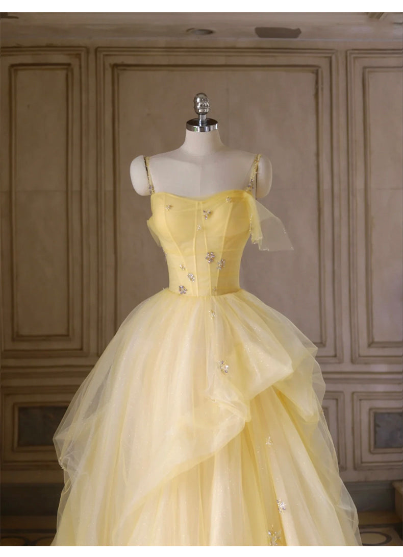Sweet Yellow Princess Tulle Prom Dress 💛A-Line Shinny Beaded Evening Gown for Graduation & Quinceanera & Birthday ED01940
