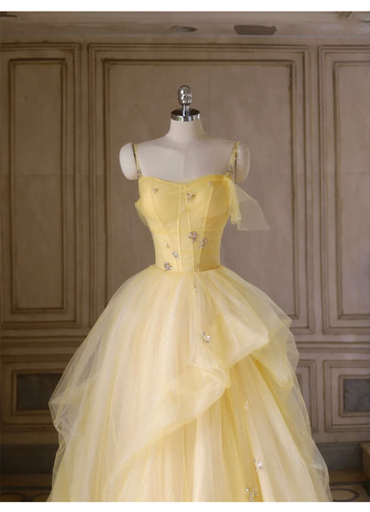 Sweet Yellow Princess Tulle Prom Dress 💛A-Line Shinny Beaded Evening Gown for Graduation & Quinceanera & Birthday ED01940