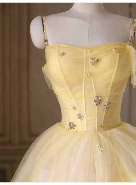 Robe de bal princesse jaune en tulle, coupe trapèze, avec perles brillantes, pour remise de diplôme, quinceanera et anniversaire, ED01940