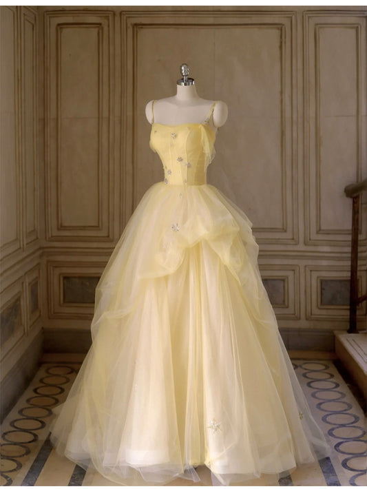 Robe de bal princesse jaune en tulle, coupe trapèze, avec perles brillantes, pour remise de diplôme, quinceanera et anniversaire, ED01940