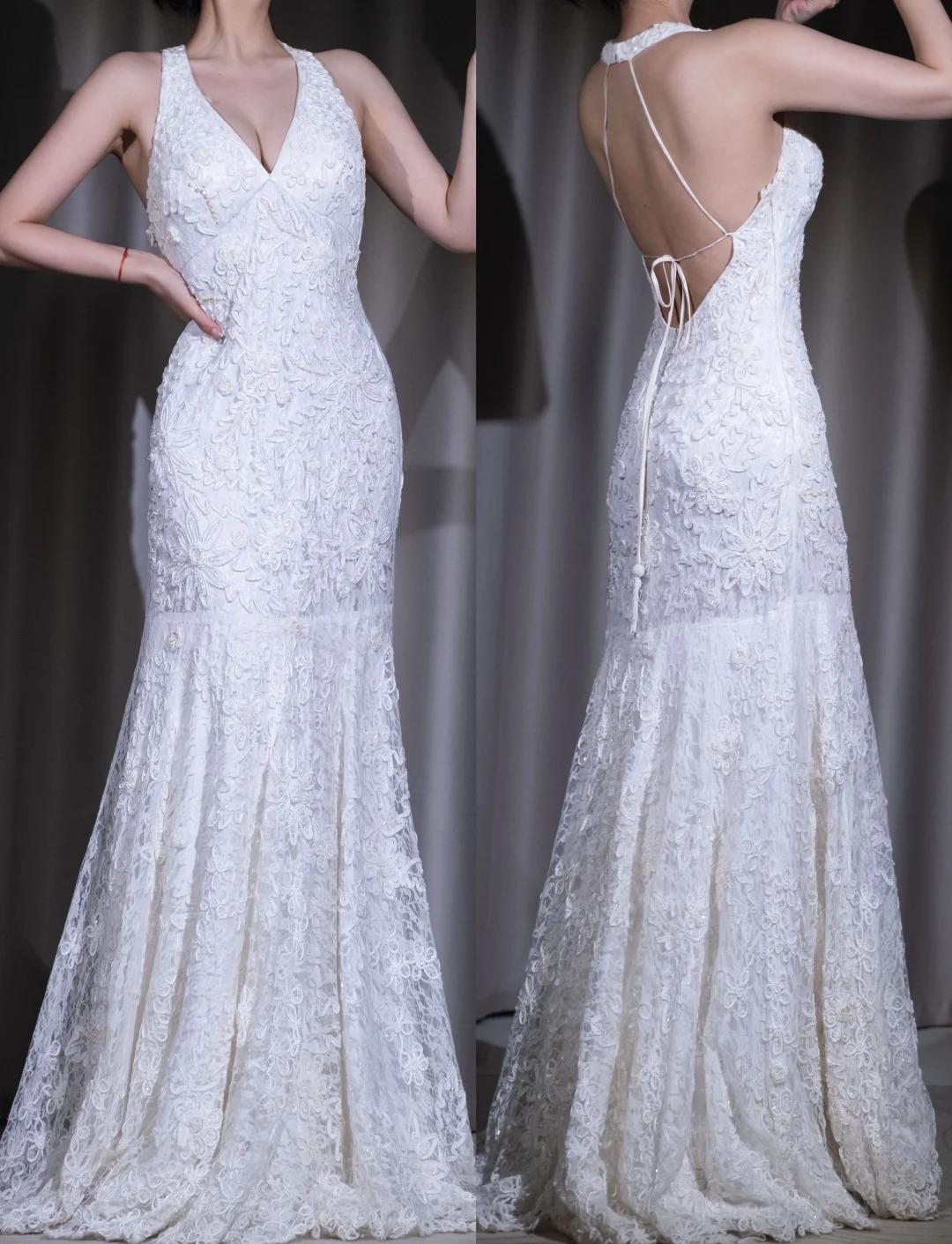 Retro  Lace Mermaid Applique Prom Dress for Party White Elegant Backless Evening Dress