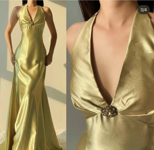 Yellow Mermaid Satin Prom Dress for Party&Quinceanera Backless Halter Evening Gown