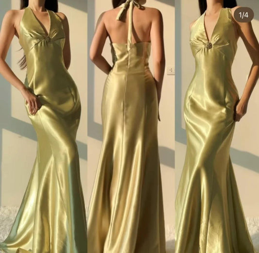 Yellow Mermaid Satin Prom Dress for Party&Quinceanera Backless Halter Evening Gown