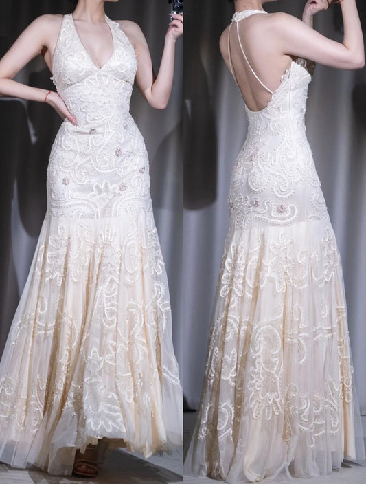 2000s Apricot Mermaid  Chiffon Beaded Prom Dress for Party&Birthday Ekegant Backless Halter Evening Gown