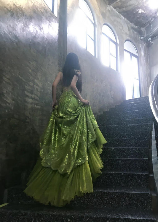 Fairytale Bud Green Mermaid Sequins Beaded Prom Dress Backless Tulle Evening Gown