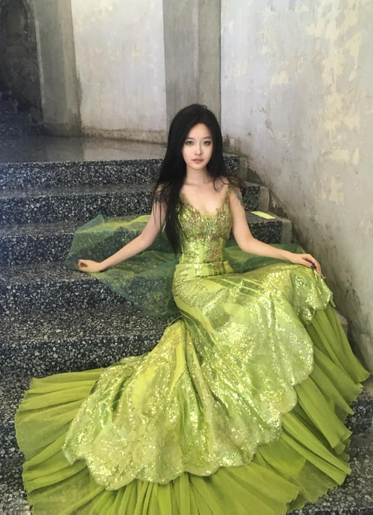 Fairytale Bud Green Mermaid Sequins Beaded Prom Dress Backless Tulle Evening Gown