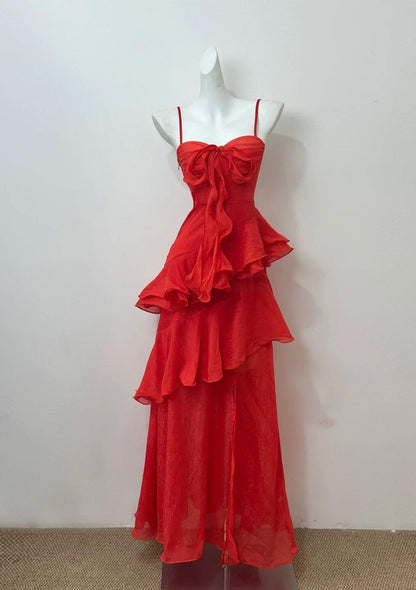 Orange Red&nbsp;A-line Spaghetti&nbsp; Straps Layed Chiffon Prom Dress for Birthday Sweet Evening Gown