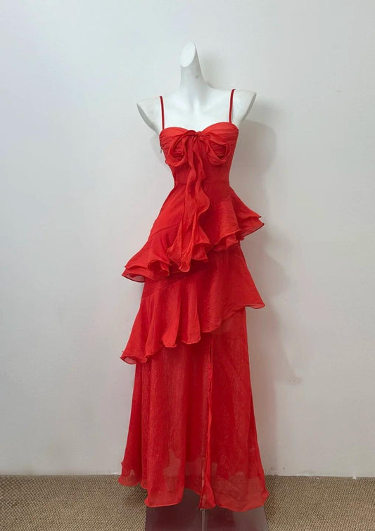 Orange Red&nbsp;A-line Spaghetti&nbsp; Straps Layed Chiffon Prom Dress for Birthday Sweet Evening Gown