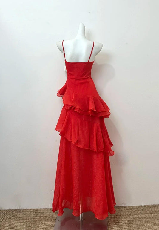 Orange Red&nbsp;A-line Spaghetti&nbsp; Straps Layed Chiffon Prom Dress for Birthday Sweet Evening Gown