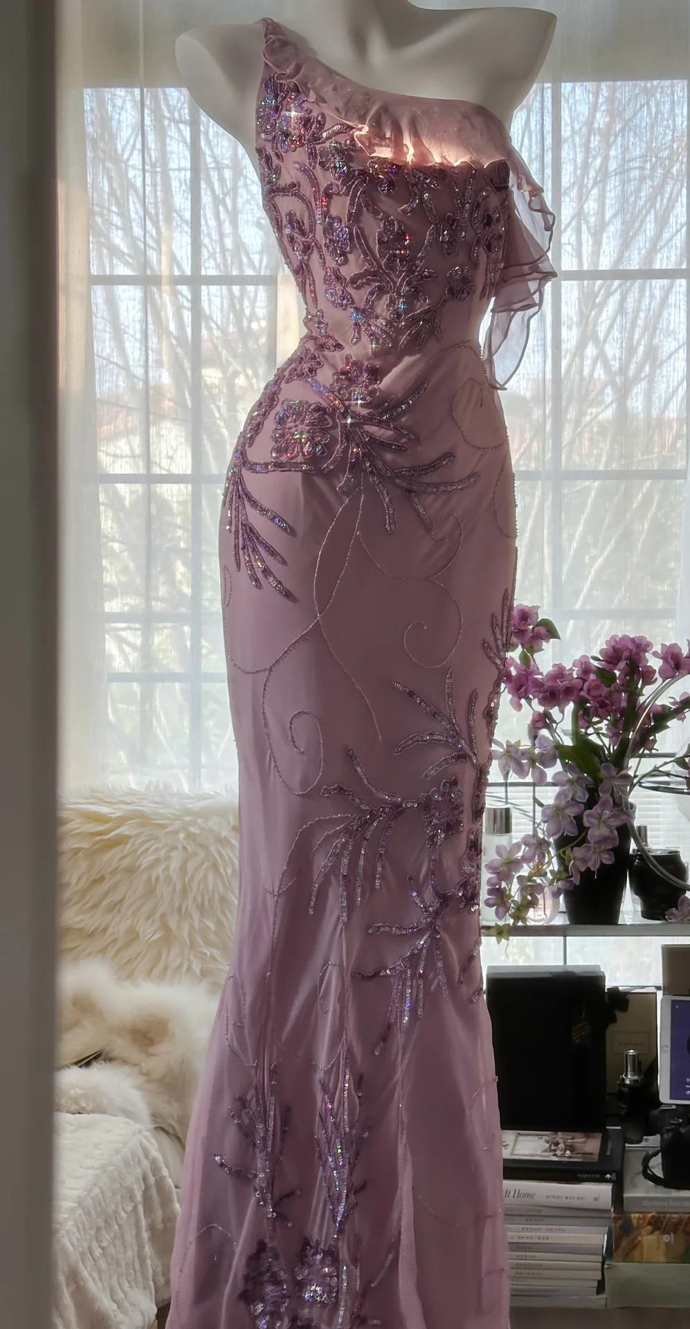 Enchanted Light Purple One Shoulder Beading Chiffon Prom Dress Glitter Evening Gown