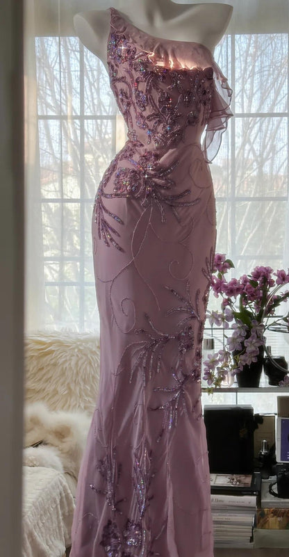 Enchanted Light Purple One Shoulder Beading Chiffon Prom Dress Glitter Evening Gown