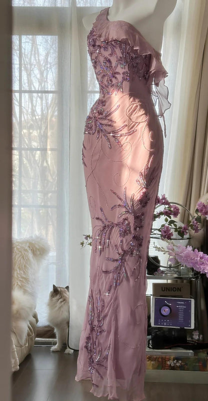 Enchanted Light Purple One Shoulder Beading Chiffon Prom Dress Glitter Evening Gown