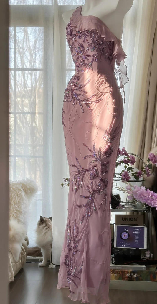Enchanted Light Purple One Shoulder Beading Chiffon Prom Dress Glitter Evening Gown