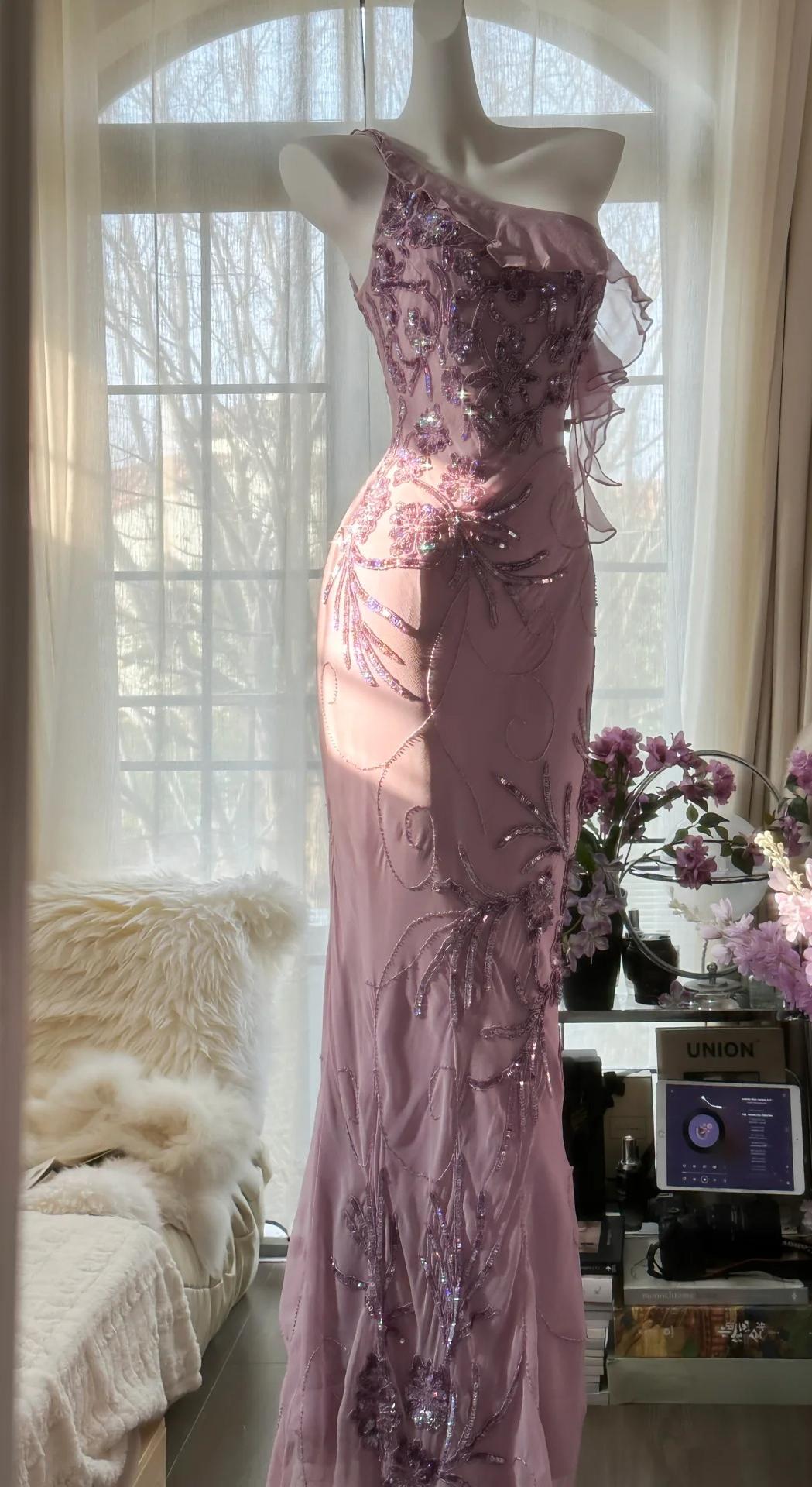 Enchanted Light Purple One Shoulder Beading Chiffon Prom Dress Glitter Evening Gown