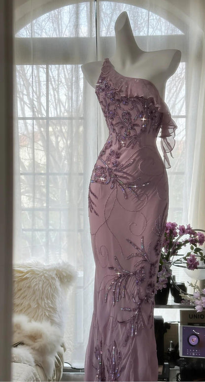 Enchanted Light Purple One Shoulder Beading Chiffon Prom Dress Glitter Evening Gown