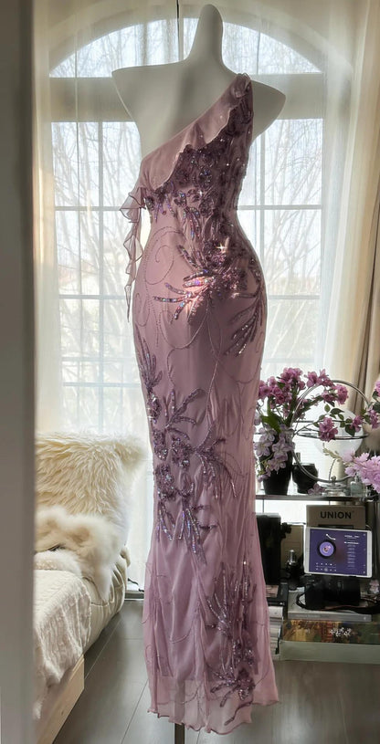 Enchanted Light Purple One Shoulder Beading Chiffon Prom Dress Glitter Evening Gown